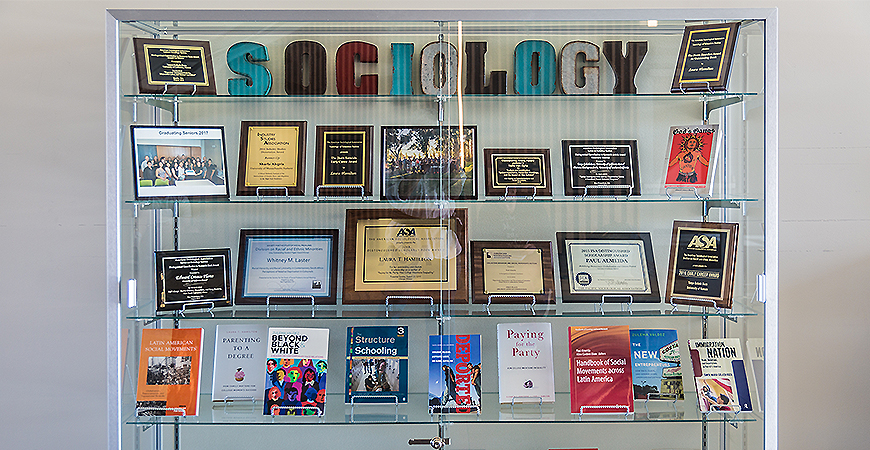 The Sociology bookcase on the second floor of Classroom and Office 2 Building.